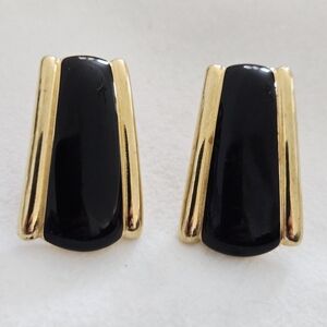 Vintage Monet Gold Tone Black Enamel Pierced Earrings